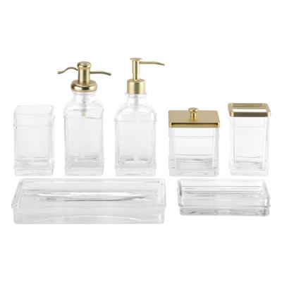 China Clear Glass Bath Accessories Set Square Shape With Gold Apothecary Head Glass Soap Dispenser Soap Dish For Bathroom for sale