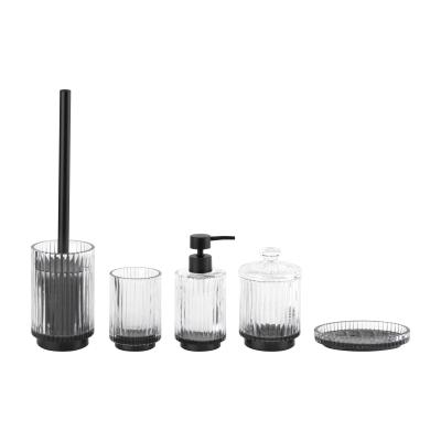 China Clear Glass Bath Accessories Set Round Shape With Vertical Stripe And Black Printing Base Glass Soap Dispenser Cotton Jar Tumbler Holder for sale