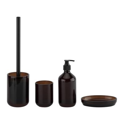 China Amber Glass Bath Accessories Set Round Shape Toilet Brush Holder Hand Soap Dispenser Soap Dish Holder for sale