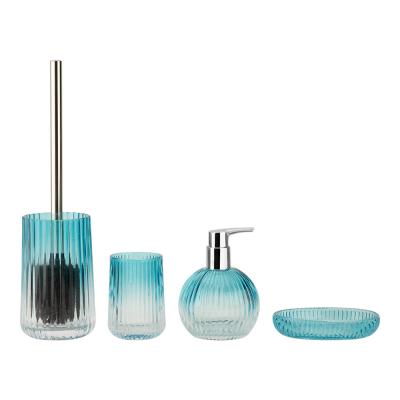 China Ombre Blue And Purple Glass Bathroom Accessories Round Shape With Ribbed Vertical Stripe Hand Soap Bottle Bath Soap Dispenser for sale