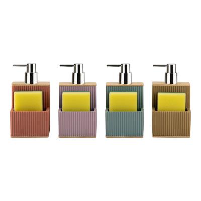 China 2N1 Sand stone soap dispenser Fauxwood top & vertical stripe Chrome ABS pump head sponge on front pocket utility sink caddy kitchen utensil caddy for sale