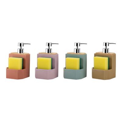 China 2N1 Sand stone soap dispenser faux wood top ABS pump head sponge on front pocket soap pump utensil caddy kitchen for sale