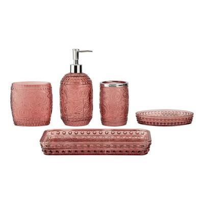 China Sea Grass And Chili Round Shape Vintage Pattern Luxury Bath Accessories with Glass Soap Dispenser Lotion Dispenser for sale