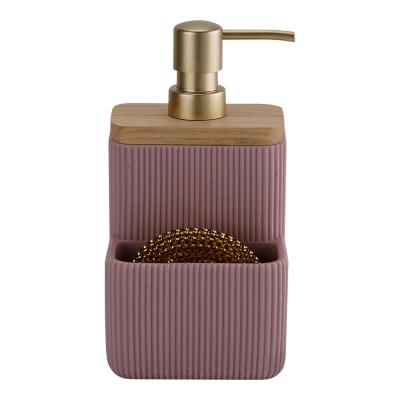 China 2N1 Sand stone soap dispenser with wood top and stripe and metal cleaning ball kitchen utensil caddy soap dispenser for sale