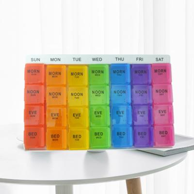 China Hot Selling ABS+PP Plastic 28 Compartments Weekly Pill Box Organizer for sale