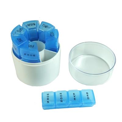 China Cylindrical Weekly Pill Shop Pill Box, 28 Compartment Medicine Container, Round Pill Organizer for Pills/Vitamin/Fish Oil/Supplements for sale