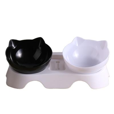 China Cat Face Elevated Double Transparent Cute Tilted 15 Degree Automatic Cat Food Water Bowl Plastic Elevated Dishes for sale