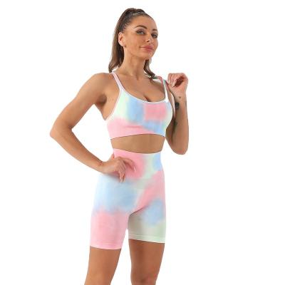 China Dropshipping Women Summer Gym Breathable Fitness Sets Seamless Tie Dye Workout Shorts Yoga Set for sale