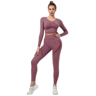 China Breathable Women Crop Top Workout Apparel Fitness Newcomers Long Sleeve Two Piece Pants Yoga Set Sports Wear for sale