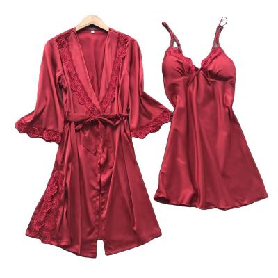 China Wholesale QUICK DRY 2 Piece Lady Nightgown Saint Valentine's Day Gift Ladies Pajamas and Long Robes Red Sleepwear Women Silk Sexy Set for sale