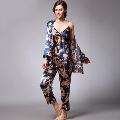 China QUICK DRY Luxury Designers Oversized New Arrival Plaid Satin Long Robe Women Satin Robe Print Silk Pajamas 3 Piece Pajama Set for sale