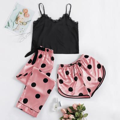 China New Arrivals Summer QUICK DRY Women's Sleepwear 3 Pcs Set Home Wear Camisoles Shorts Dot Print Silk Satin Pajamas Set for sale