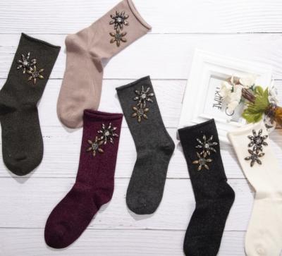 China HIGH QUALITY New Anti-Fault Gemstone Flower Autumn Winter Fancy Design Women Inlaid Socks for sale