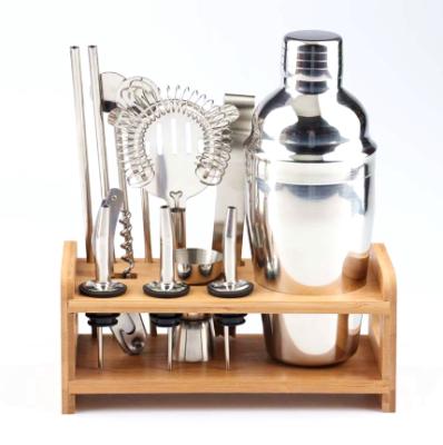 China STAINLESS cocktail shaker set stainless steel custom logo bartender kit with elegant wooden cocktail shaker stand for sale