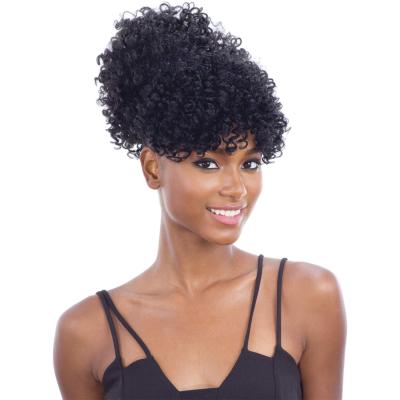 China Afro Kinky Curly Puff Plain Curly Ponytail With Bangs Long Natural Bangs Ponytail Hair Extensions Drawstring Synthetic Hair Ponytail for sale