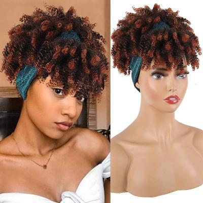 China Hot Selling Kinky Curly Headband Wigs For Color Women Synthetic Short Afro Kinky Curly Wigs With Bangs Drawstring Blow High Wig for sale