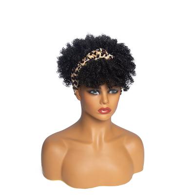 China Hot Selling Curly Sc Afro Head Band Curly Wigs Short Blow Out Synthetic Black Hair Wig With Attached Leopard Print Turban Head-wrap for sale