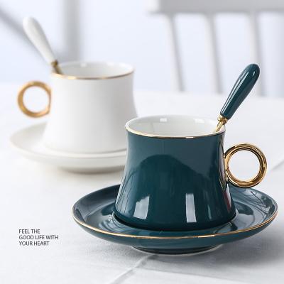 China Sustainable Luxury European Nordic Style Ceramic Coffee Cup And Saucer Sets With Gold Rim for sale