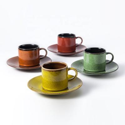 China New Viable Unique Design Saucer Leisure Upcoming Venues Wedding Colorful Ceramic Coffee Stain 170Ml 250Ml Mug Set for sale