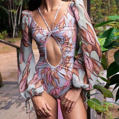 China 2022 Breathable Floral Print Custom Logo One Piece Bikini Cut Out Long Sleeve Backless for sale