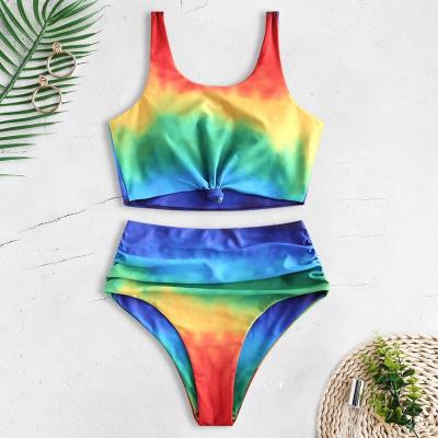 China Wholesale Bikinis and Anti-UV Women's Anti-UV Dye Tie Swimsuit Women's Rainbow Waist Bikini Top Beach Wear (Old for sale