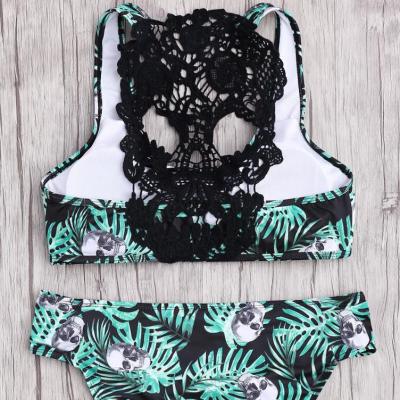 China Anti-UV High Waist Skull Lace Bra Women Bikini Beach Swimwear Floral Printing Two-Piece Set for sale