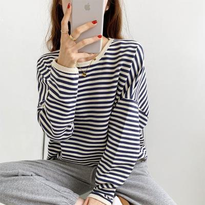 China Autumn Korean Slim Casual Stripe Spring Hoodie Pullover Anti-Wrinkle Style Crewneck Loose Oversized Sweatshirt Women Long for sale