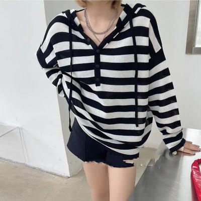 China Anti-wrinkle hot sale style lady sweater new striped knit custom women hoody sweater for sale