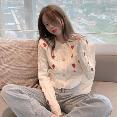 China Hot Selling Fashion Women Strawberry Anti-pilling Cable Knit Sweater Cardigan Woman for sale