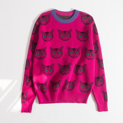 China Anti-wrinkle new style cat jacquard pattern pullover hot women knitted sweater custom for sale