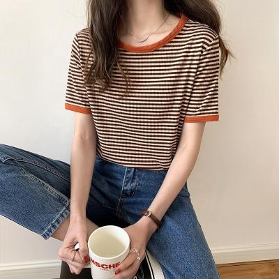 China 2022 Summer Korean Women's Round Collar Stripe T-shirt Anti-wrinkle Wholesale Striped Short Sleeve T-shirt for sale