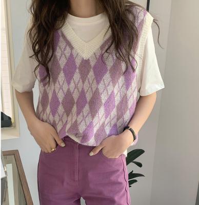 China New Korean Style Ladies Anti-wrinkle Fashion Women Woolen Sweater Sleeveless Knitted Argyle Vest for sale