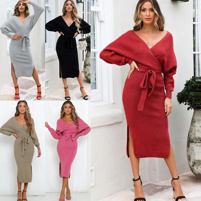 China Anti-Wrinkle New Amazon Design Autumn Winter V Neck Slit Woman Sweater Dress for sale