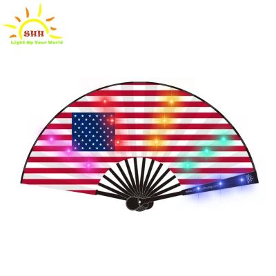 China ABS+Silk Fabric+Electronics Room Flag Custom Pattern Fan Hand Held Rechargeable Fan With Led Light For Show/Dancing Party for sale