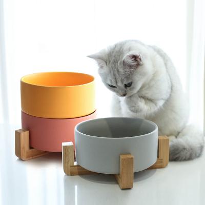 China Hot Selling Ceramic Viable Pet Food Water Pet Bowl Dog Cat Bowl Dog Cat Bowl With Bamboo Wooden Stand for sale