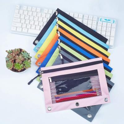 China Double Pocket Mesh Window Pencil Bag Multicolor Pencil Pouch Case 3 Rings Double Zipper Binder Folder Stationery Bag Lightweight Oxford Cloth for sale