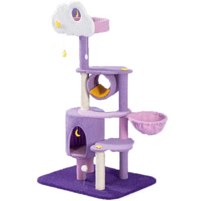 China Cats 2021 Modern Climbing Purple Housing Cat Tree Tower House Of Cloud And Moon Sisal Scratcher Wood Furniture. for sale