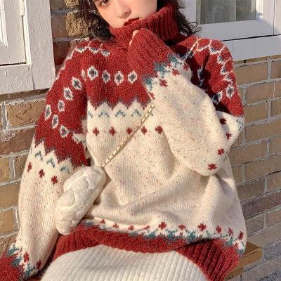 China Fashion Korean Central Institute of Statistics Women's Christmas Sweater Autumn And Winter Wear Loose Retro Anti-pilling Sweater Women Red Knitwear for sale