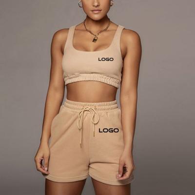 China Custom Logo Women's Belly Button Vest Breathable Cropped Lace Shorts Beige Two Piece Suit Cotton Pants Set For Casual Crop Top Joggers for sale