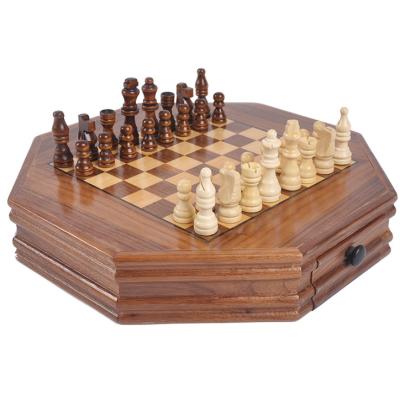 China Chess Playing And Controller Storage Chess Set Octagonal Chess Wooden Chess Checkers Set With Folding Box for sale