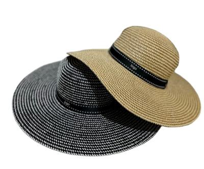 China Live striped flowing tide Internet celebrity straw hat Korean version of the double C brand sunscreen sunshade beach hat for sale