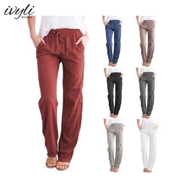 China 2022 Summer New Solid Color Cotton Large Size Women's Breathable Spring And Drawstring Canvas Loose Casual Wide-leg Pants for sale