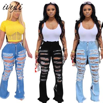 China Custom 2022 New Viable Street Hippy Street Women's Sexy Ripped OEM Large Size Women's Flare Pants for sale