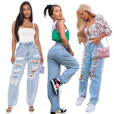 China 2022 Summer Wholesale New Women's Casual Washed Ripped Straight Women's Personality Jeans Breathable Plus Size Denim Pants for sale