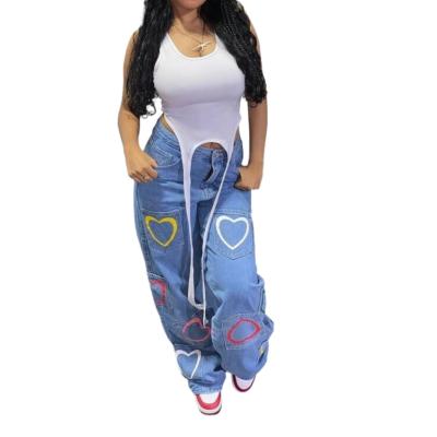 China New Fashion Breathable Denim Pants Straight Blue Listing Heart Pocket Distressed Women's Jeans for sale