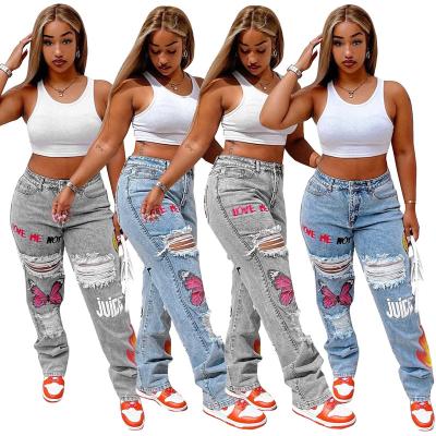 China Breathable jeans women 2022 new elastic ripped jeans shape denim Straight-leg pants loose casual denim pants for sale