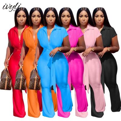 China 2022 Summer New QUICK DRY Office Women's Clothing Shirt Collar Wide Leg Overalls With Belt Women's Plus Size Short Sleeve Overalls for sale