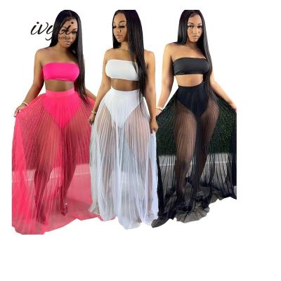 China New Design Plus Size Slash Neck Crop Top 3 Piece Swimsuit Set Mesh See Through Dress Bikini Sets For Women Plus Size Swimwear for sale