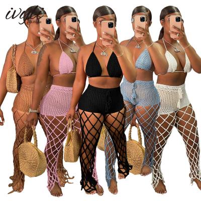 China QUICK DRY Women's Cutout 2 Piece Hand Knit Cover Up Crochet Bra Set With Long Gaiters Swimwear Set 2022 Summer Beach Wear for sale