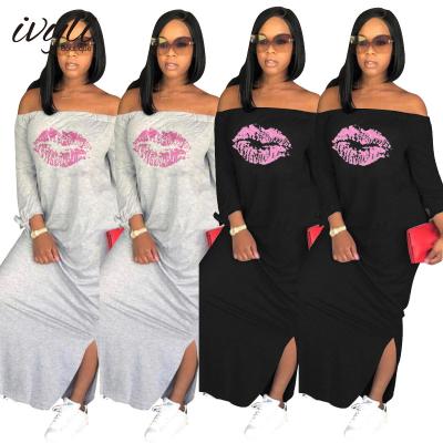 China Washable Women Lip Print Long Sleeve Bow Wrap Chest Collar Long Split Skirt Plus Size Print Women Cotton Dress 2022 for sale